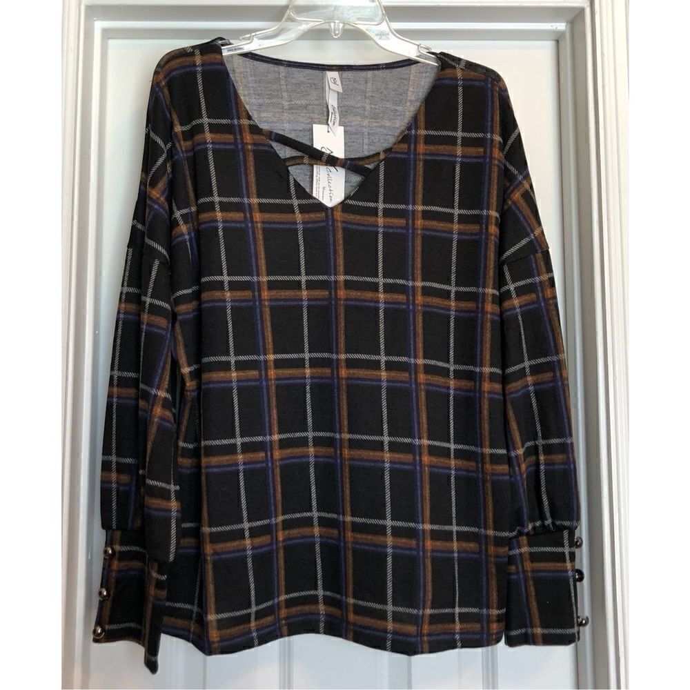 NY COLLECTION - NWT - L Sz 1X Long-Sleeve, Plaid, Cris-Cross Top w/Button Cuffs - Picture 5 of 15